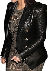 Dual Breasted Open Front Pea Leather Coat for Women with Gold Button - MNCLeather